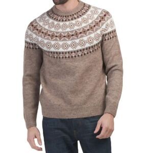 GROVE & HOLLOW Fair Isle Tan Ivory Crew Wool Blend Knit Sweater